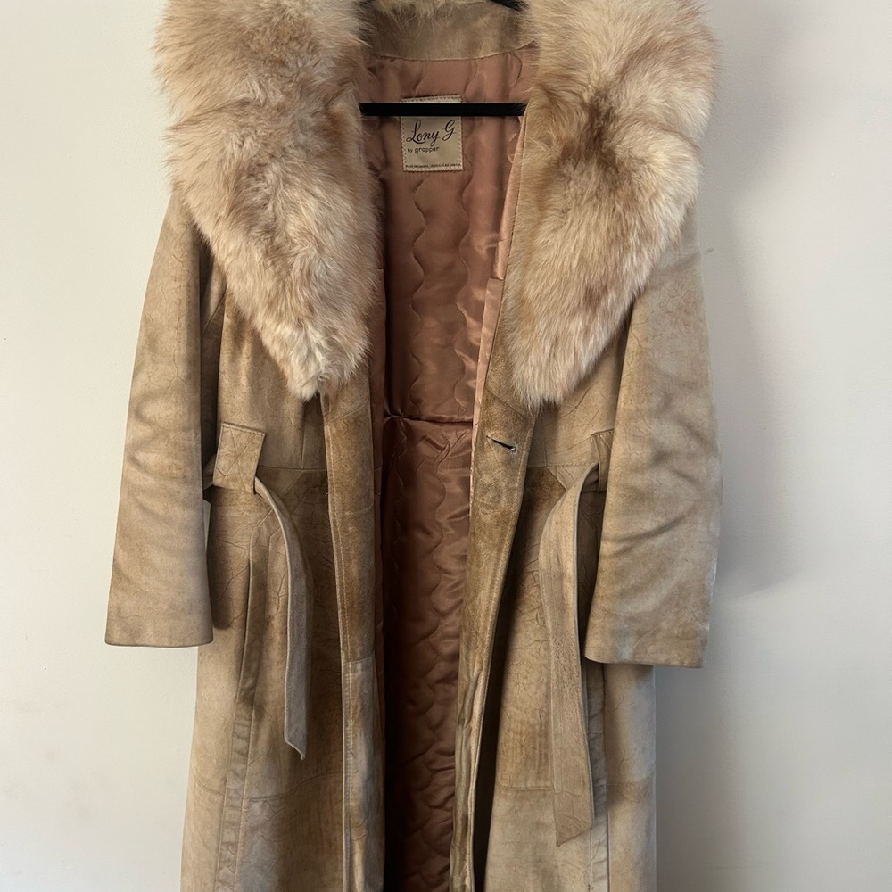 Luxurious Beige Faux-Suede Long Coat with Fur Collar -